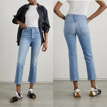 2023 naujos moterys Vienviečiai džinsai Aukštu liemeniu platėjančios apkarpytos džinsinės kelnės