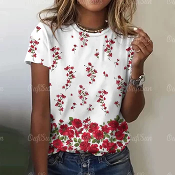 gėlių rašto marškinėliai moteriški apvaliu kaklu marškinėliai trumpomis rankovėmis marškinėliai Tops Summer Fashion Casual Streetwear Harajuku Ladies Tees Pullover
