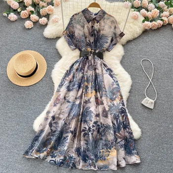 Moterų kilimo ir tūpimo tako mados pavasario vasaros trumpomis rankovėmis vintažinė marginta suknelė moteriška aukštu liemeniu prašmatnus vakarėlis A-linijos suknelė TB1002