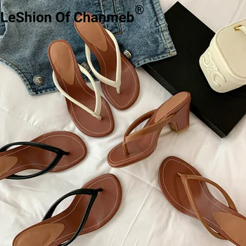 LeShion Of Chanmeb Chunky Heels Women Real Genuine Leather Flip Flops Slippers Brown High Heeled Summer Beach Slides Sandal Shoe