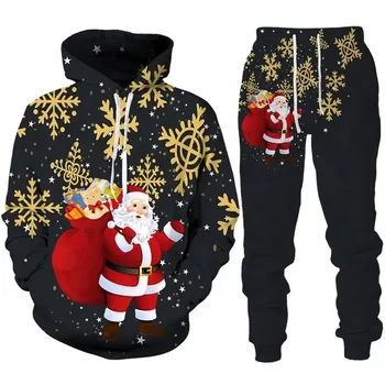 Vyriški džemperiai su gobtuvu ir kelnės, Linksmų Kalėdų 3D spausdintas sportinės aprangos rinkinys, smagūs gatvės drabužiai Naujųjų metų vakarėliams