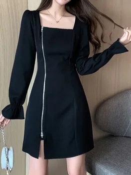 2023 Ruduo Korėjietiškas užtrauktukas Oversized juoda suknelė ilgomis rankovėmis Mini suknelė Moterys Vintage Retro Kvadratinės apykaklės Trumpos suknelės