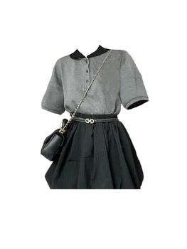 QIWN Moteriški vintažiniai mados drabužiai 2 dalių komplekto atlapų apykaklės marškiniai + korėjietiškas elegantiškas A linijos sijonas Hight Street 2000s estetika