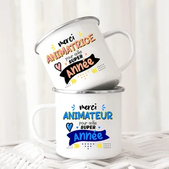 Merci Animatrice & Animateur French Print Puodelis Kavos gėrimai Vanduo Alaus sulčių puodelis Emalio kempingo puodeliai Rankena Gėrimų indai Geriausios dovanos