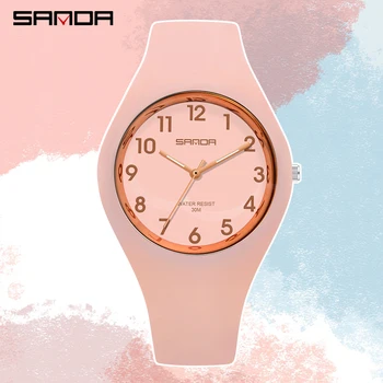 SANDA Fashion Women Silicone Strap Jelly Quartz Watch Waterproof Soft Ladies rankinis laikrodis Visą rožinį laikrodį mergaičių dovanoms
