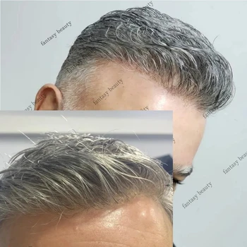 Natūrali plaukų linija Itin plona oda 0.02mm Silicon Mens Toupee Grey Human Hair Male Wig Replacements System Kapiliarinis protezas