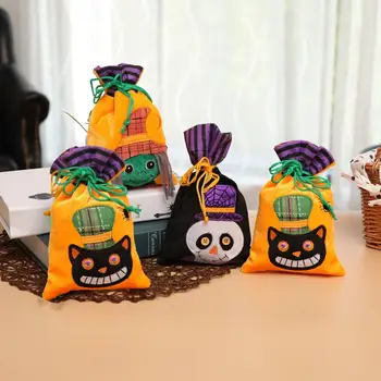 Vaikų Helovino sutraukiamasis krepšys Daugkartinio naudojimo Helovino dovanų krepšys Daugkartinio naudojimo Helovino saldainių raištelių maišeliai Spooky Black Cat for Kids
