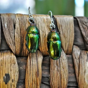 Vintažiniai metaliniai žali vabzdžių auskarai Etninė sidabro spalva Personalizuota simuliacija Gyvūnų kabantys auskarai moterims Papuošalai