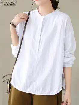 Rudeniniai vintažiniai marškiniai Moteriška palaidinė O-Neck ilgomis rankovėmis Elegantiškos vientisos darbo viršūnės ZANZEA 2023 Casual Loose Button Blusas Femme Tunic