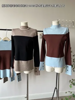 Aukštos kokybės megzti megztiniai Gyaru kontrastingos spalvos ilgomis rankovėmis Ruduo Žiema Švelnus megztinis Korėjietiškas naujas dizainas