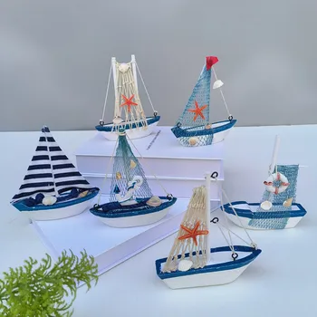 1pc Mini Viduržemio jūros stiliaus jūrinis jūrinis medinis mėlynas burlaivis Laivas Mediniai amatai Jūros papuošalai Vakarėlių kambarys Namų dekoravimas