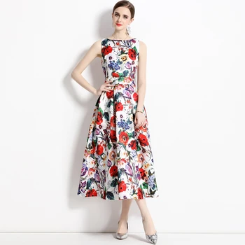 2023 Kilimo ir tūpimo tako dizainerė Vasaros gėlių spauda Vakarėlio suknelė Moteriška elegantiška berankovė be rankovių Laisvalaikio midi suknelė Moteris