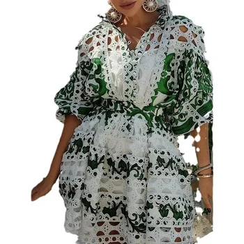 VII 2023 Moteriška suknelė Ruduo Žieminių moteriškų drabužių stovas Apykaklė ilgomis rankovėmis Siuvinėta Iškirpta Trumpa spausdinta suknelė Nemokamas pristatymas