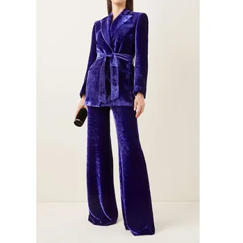 Purple Peak Lapel Single Breasted Velvet Moteriškas kostiumas su diržu Fashion Formal Casual Office Lady Pants Sets 2 Piece Set 2023