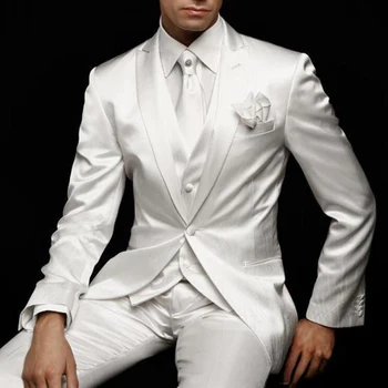 3 Piece White Wedding Suits Groom Tuxedo 2023 Peaked Lapel Custom Made Handsome Business Party vyriškas kostiumas ( Švarkas+Kelnės+Liemenė)