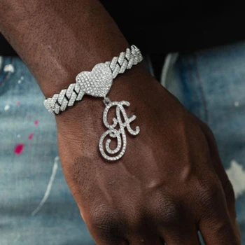Iced Out Prong Cuban Bracelet With Cursive Heart Letter 2 Row Cuban Chain Initial Bracelet for Women Men Couple Gift Jewelry