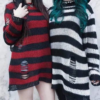 Oversized Street Ladies Dryžuotas tuščiaviduris megztinis Laisvas megztinis Rudens megztinis Rudens megztinis Korėjietiška versija Hip Hop Couple Punk Top