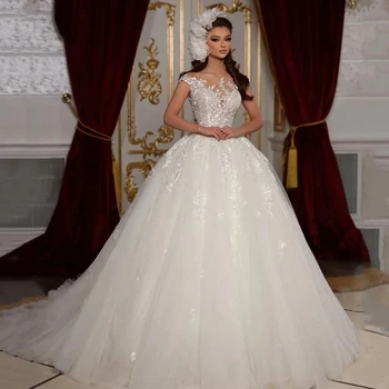 Lorencia Prabangios gėlėtos nėrinių vestuvinės suknelės Aplikacijos Aplikacija Tiulio karoliukai Nuotakos suknelė Moterys Nuotakos suknelė Chalatas De Mariée YAW110