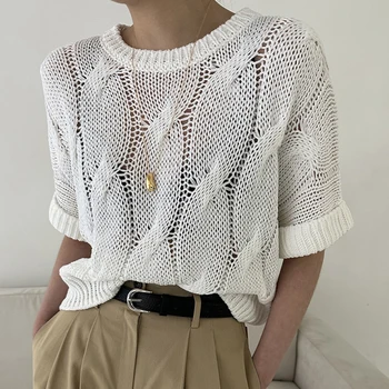 Casual Twists Hollow Knitted Summer Sweater Pullover Women Short Sleeve Tops O Neck 2023 Jumper Elegant Loose Sueter Mujer 27461