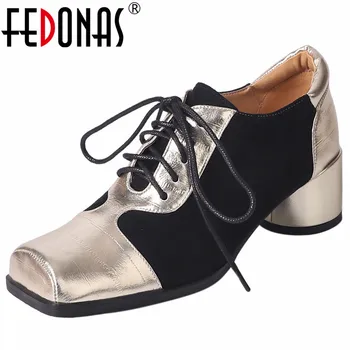 FEDONAS Fashion Women Pumps Round Heels Splicing Genuine Leather Shoes Woman Lace-Up Square Toe Mixed Colors Mature Office Lady