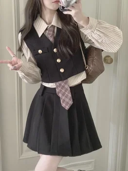 British College Suit Student Girl JK Fashion 3 Pieces Matching Sets Stripe Shirt&Short Vest&Pleated Mini Sijonas Chic 3pc uniforma