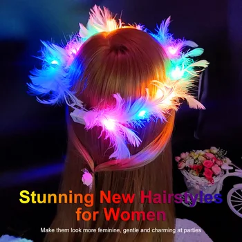LED Light-Up Angel Headband LED plunksnų vainiko vainiko galvos juosta Šviečiantis galvos apdangalas moterims Merginos Vestuvės Švytėjimo vakarėlio reikmenys