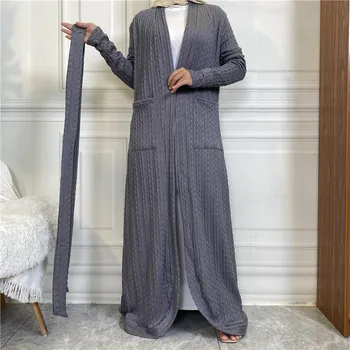 Musulmonės moterys megztas megztas megztas megztas Atviras Abaya Kimono Jalabiya Ilgas megztinis Suknelė Belted Kaftan Dubajus Turkija Maroko Caftan chalatas