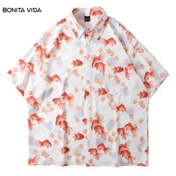 Goldfish Print Laisvi marškiniai trumpomis rankovėmis Vyrai Summer Y2K Streetwear Oversized Hawaiian Shirt Harajuku Casual Women Aloha Palaidinė