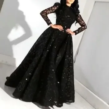 SKMY A-Line suknelės moterims 2023 Naujos juodos apvalaus kaklo ilgomis rankovėmis blizgučiai Elegantiška vakarinė suknelė Vakarinė suknelė Vasariniai drabužiai