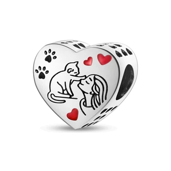 Miela 925 svarų sterlingų sidabrinė katė ir mergaitė širdis Naujas žavesys tinka Pandoros apyrankė Moteriški išskirtiniai papuošalų aksesuarai