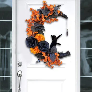 Mėnulio durų vainikai Helovino dekoracijos Pasveikinimo ženklas Gotų rožės Juodos katės Girlianda Priekinių durų ornamentas Helovino ženklai