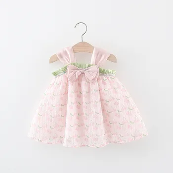 New Girl's Bow Little Cherry Print Dvisluoksnė suknelė Sling mergaitėms ir kūdikių vasaros madinga vaikiška suknelė