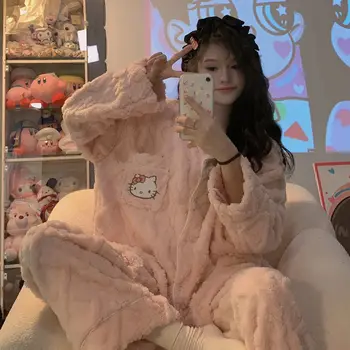 Sanrio Hello Kitty Stuff Coral Fleece Pižamos Moteris Naujas plius Velvet Thicken Keep Warm Flaneel Vėjo nepraleidžiančios kelnės Sportinis kostiumas
