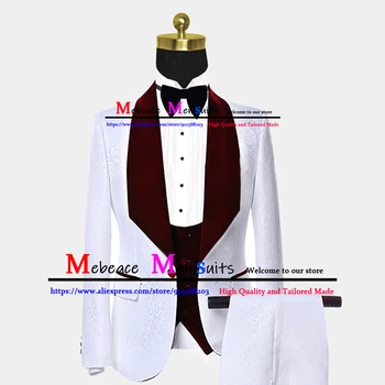 Balti gėlėti žakardo kostiumai vyrams Slim Fit 3 dalių švarko liemenė Kelnės Oficialus jaunikis Vestuvinis kostiumas Smokingo kostiumas Homme De Luxe