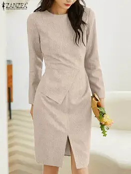 Vintažinis O-Neck chalatas iki kelių ZANZEA moterų biuro ponios suknelė 2023 m. rudens ilgomis rankovėmis liemens vestido laisvalaikio plyšio paketo suknelė