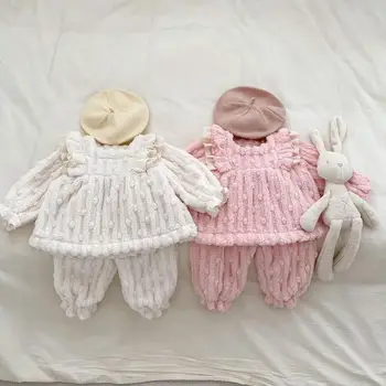 Winter New Baby Girl ilgomis rankovėmis šiltų pižamų komplektas Kūdikių viršūnės + Kelnės 2vnt kostiumas plius aksominis storas mažylis Namų apranga