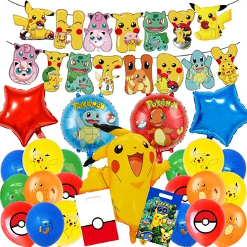Pokemonų balionų rinkinys Pikachu folija Latekso balionai Kūdikių dušo dekoras Animacinis filmas Reklamjuostė Dovanų krepšys Vaikai Gimtadienio šventė Globos reikmenys