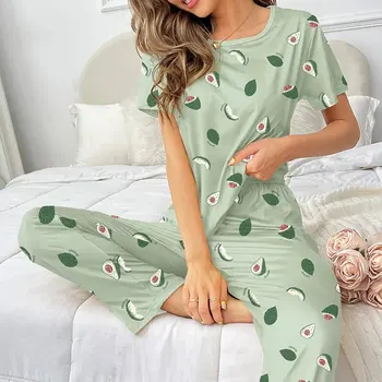 Moteriškas pižamų komplektas trumpomis rankovėmis Miegmaišiai Laisvalaikio viršus Su kelnėmis Laisvalaikio apranga Avokado atspaudas Pižama Pj Minkšti namų drabužiai Naktiniai drabužiai