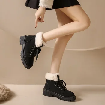 2023 Naujos mados moteriški sniego batai Neslidūs žieminiai šilti zomšiniai pliušiniai batai Moteriški kailiniai platforma Juodai rudi kulkšnies batai moterims