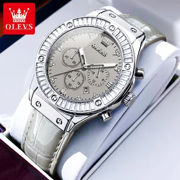 OLEVS Prekės ženklas Fashion Chronograph Quartz Watch for Women Leather Strap Waterproof Luminous Calendar Luxury Crystal Watches Womens