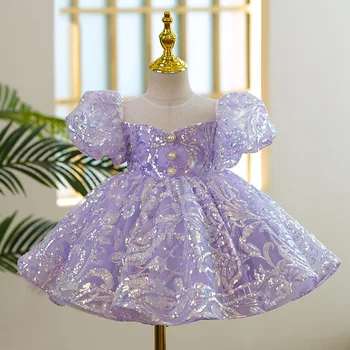 Prabangi vakarėlio gimtadienio suknelė vaikams Mergaitės nuo 1 iki 12 metų Mada Oficiali Princesės baliniai chalatai Pūkuotos vakarinės violetinės suknelės Vaikas