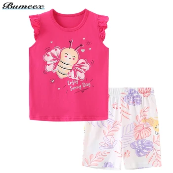 Bumeex Mažylių mergaičių drabužiai Vasaros kūdikių trumpomis rankovėmis Mergaičių drabužių kostiumai Viršūnės + Kelnės Kūdikių komplektai Vaikų mergaičių apranga