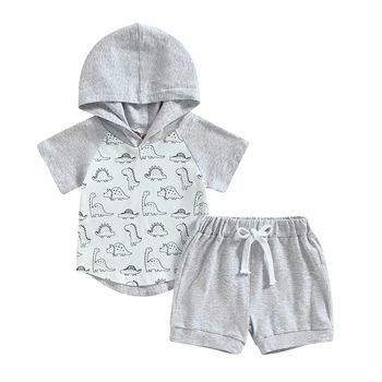 Baby Boys Apranga Summer Dinosaur Print Marškinėliai trumpomis rankovėmis su gobtuvu ir laisvalaikio elastinių šortų komplektas