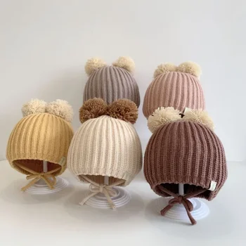 Visi derantys kūdikių skrybėlės rudens ir žiemos vilna Nauja mada Dvigubas kamuolys Vyrų ir moterų kūdikių megztos ausų apšiltos