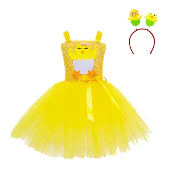 Chicken Tutu Vaikams Geltona sluoksniuota Tiulio Tutu suknelė su viščiuko galvos juosta Puošnus kostiumų vakarėlis Dovanos Gimtadienio apranga