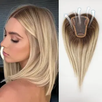 HAIRCUBE 100% žmogaus plaukų apkepai rudi šviesūs plaukai Topper šilko pagrindo spaustukai moterims su plonėjančiais plaukų segtukais