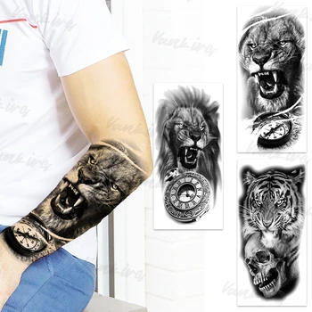 Didelis kompaso liūtas Laikinos tatuiruotės vyrams Suaugusiems Tikroviška tigro kaukolė Netikras tatuiruotės lipdukas Ranka Neperšlampama Tatoos Karinis