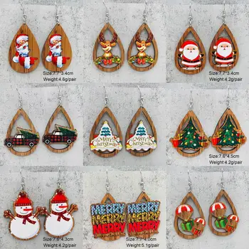 Cutout Wood Teardrop Kalėdiniai auskarai moterims Įvairūs stiliai Mielas Kalėdų senelio auskarai Šventiniai papuošalai Didmeninė prekyba