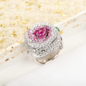 Hot Designer Brand Large Rose Flower Colour Crystal Full Diamond Ring Women Top Quality Luxury Charming Jewelry Trend 2024