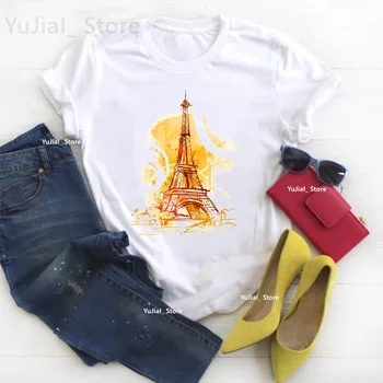 Paryžius Eifelio bokštas Spausdinti marškinėliai Merginos Aukšti batai Drugelis Kiaulpienė Marškinėliai Moteriški drabužiai Balti marškinėliai trumpomis rankovėmis